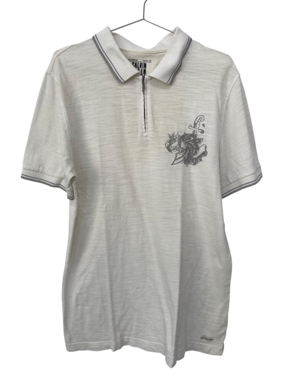 Calvin Klein Jeans Polo Shirt Large Zip Neck Chest Graphic Short Sleeve Vintage